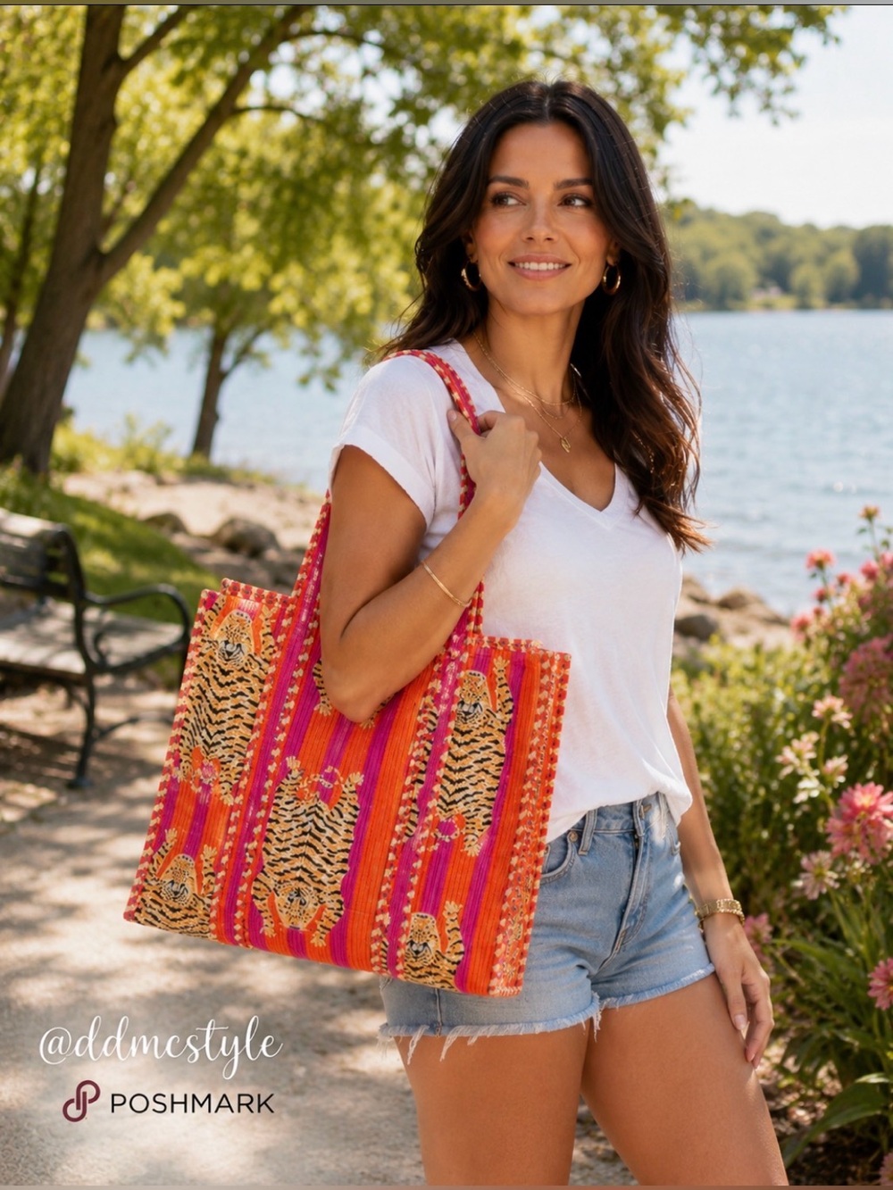 Creative Co-op Artful Orange & Pink Striped Quilted Tiger Tote Bag
